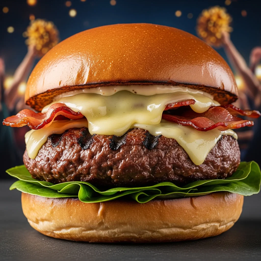 Primer plano de una hamburguesa gourmet con pan artesanal, carne jugosa y toppings variados.