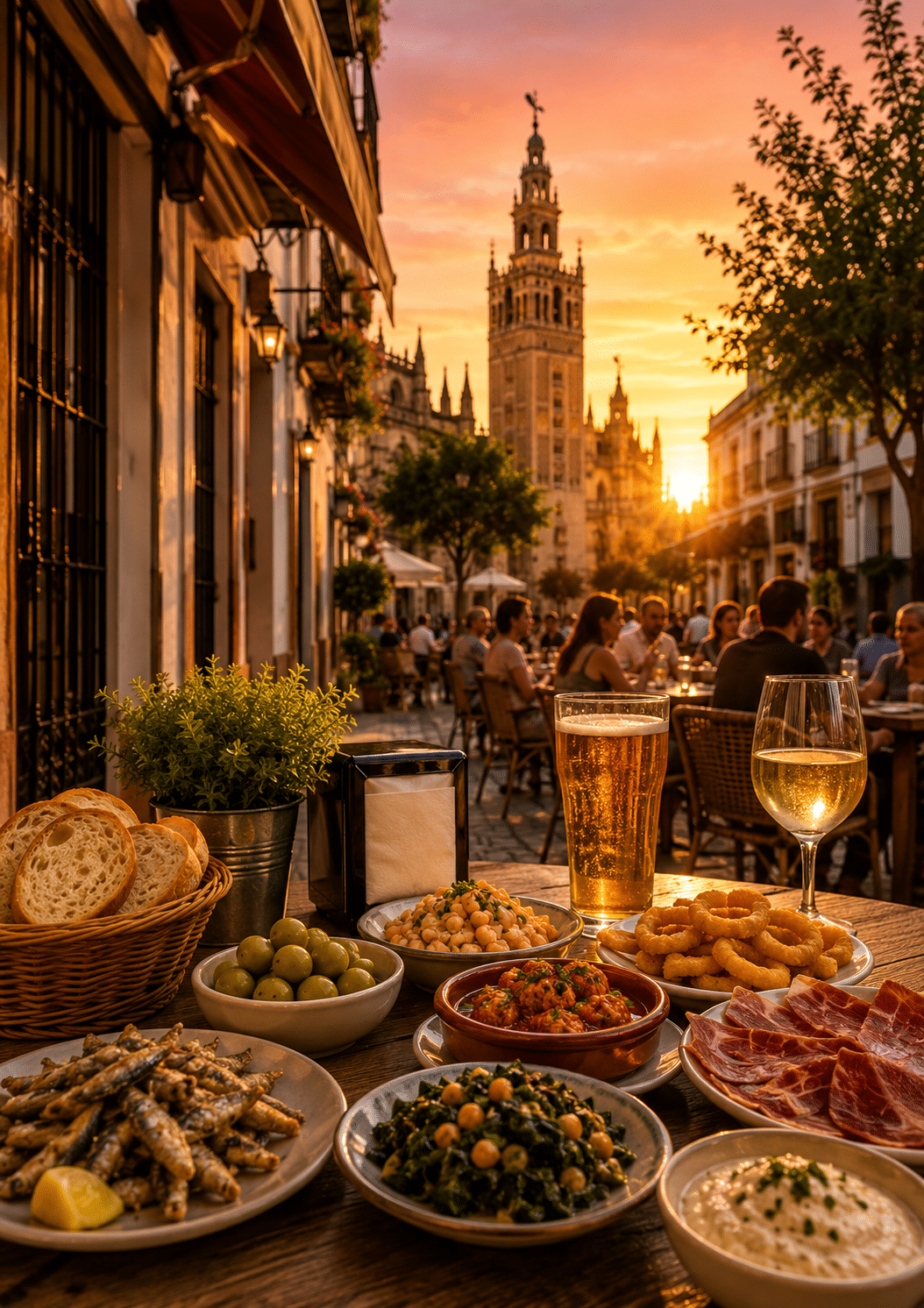 Tapas al atardecer junto a la catedral de Sevilla