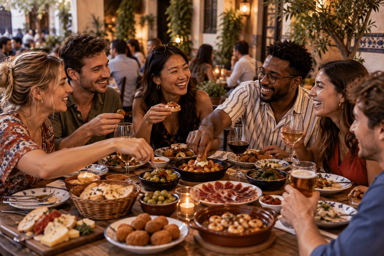 Grupo de amigos de diferentes países compartiendo tapas españolas en Sevilla