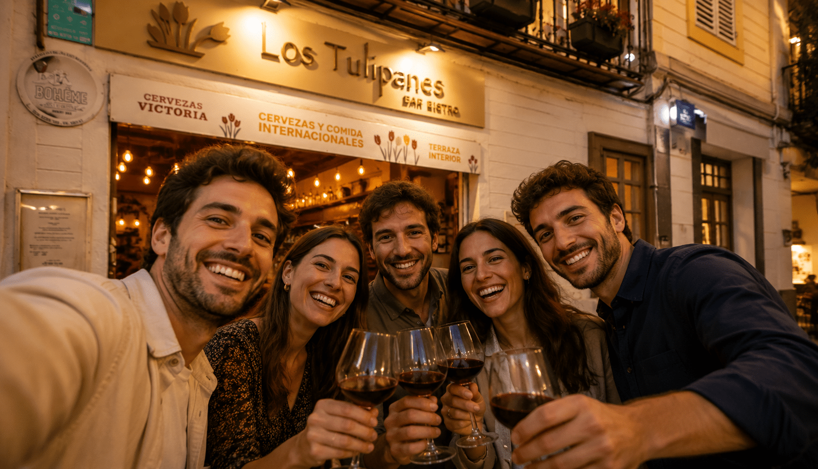 Grupo de amigos brindando frente a Bistro Bar Los Tulipanes en Sevilla