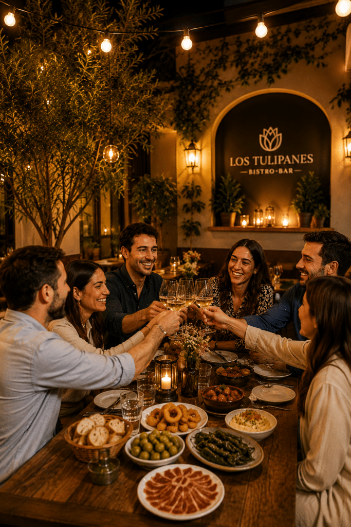 Grupo de amigos disfrutando de una cena en un restaurante para grupos en Sevilla