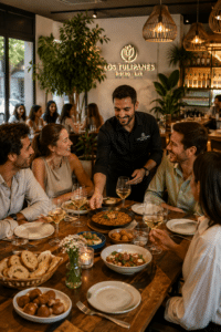 Grupo de amigos comiendo en un restaurante para grupos en Sevilla