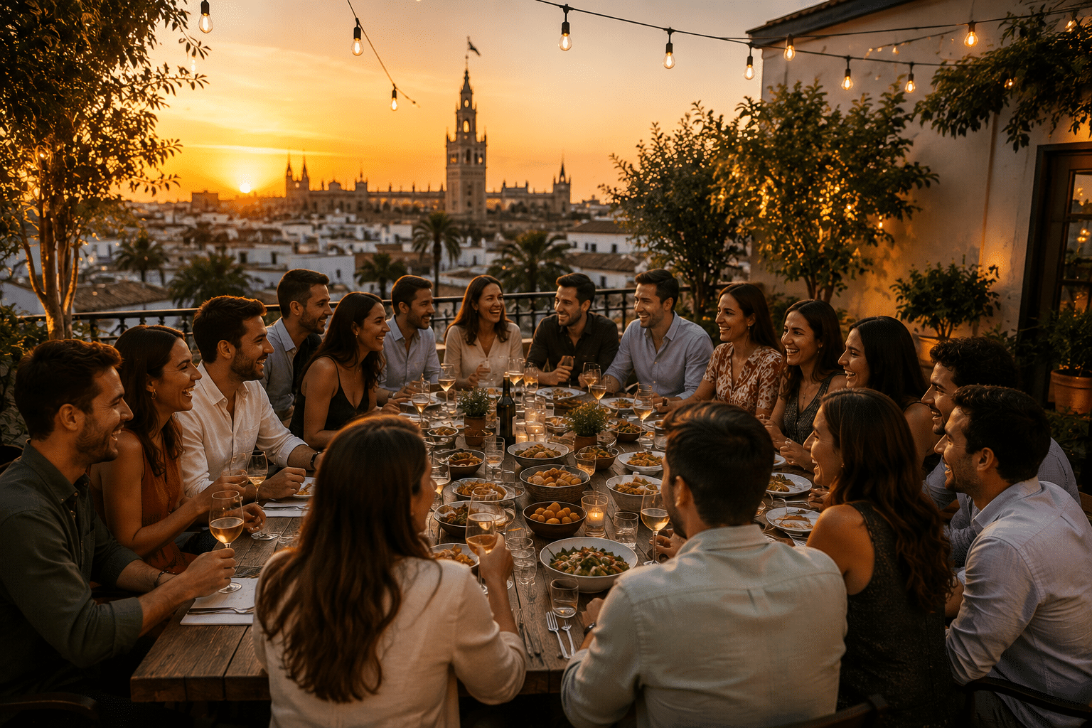 Grupo de amigos disfrutando de una cena en grupo en una terraza de Sevilla al atardecer