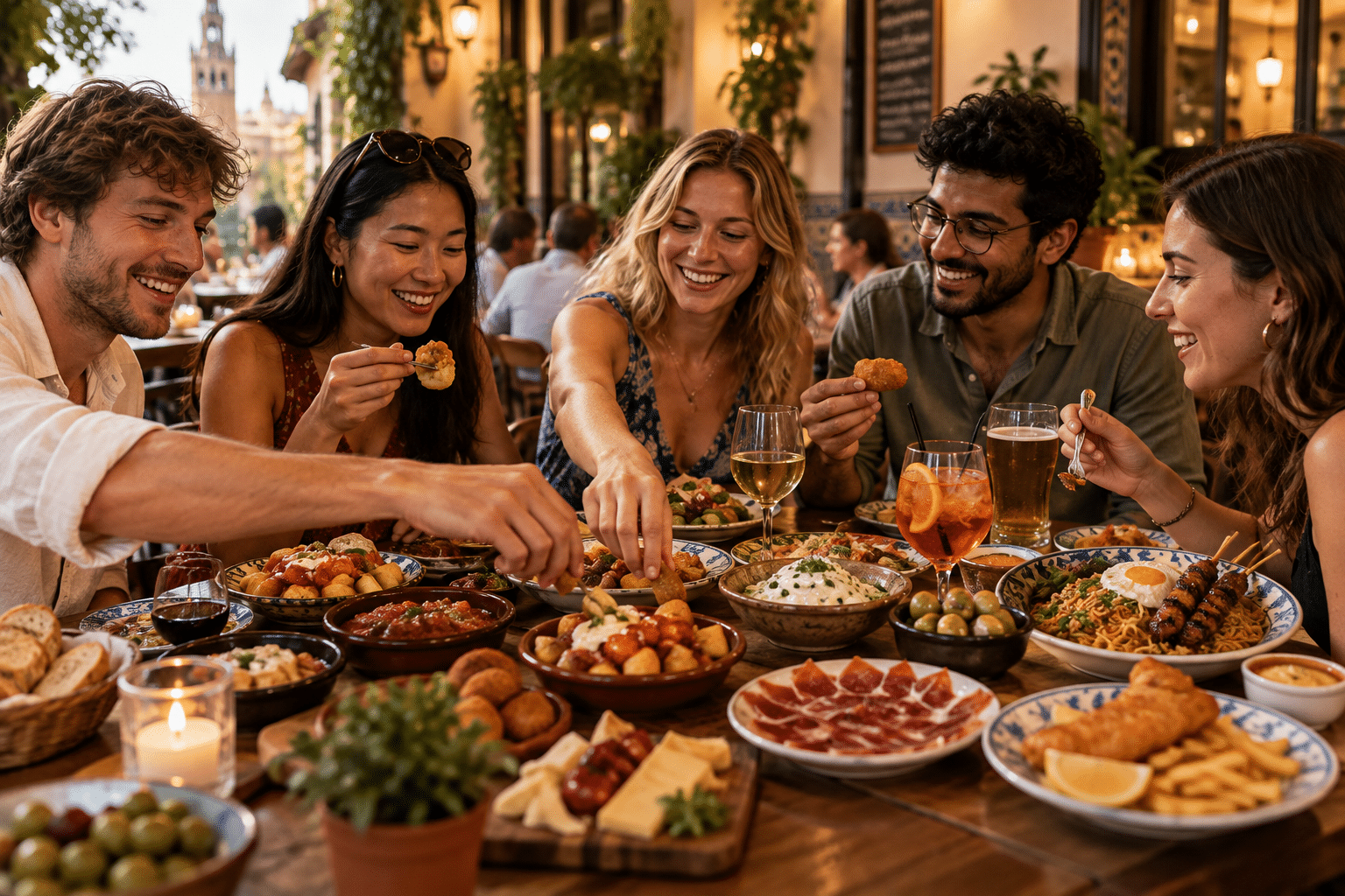 Amigos disfrutando de comida internacional en Sevilla y compartiendo diferentes platos