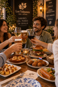 Grupo de amigos disfrutando de comida internacional en Sevilla en Bistro Los Tulipanes