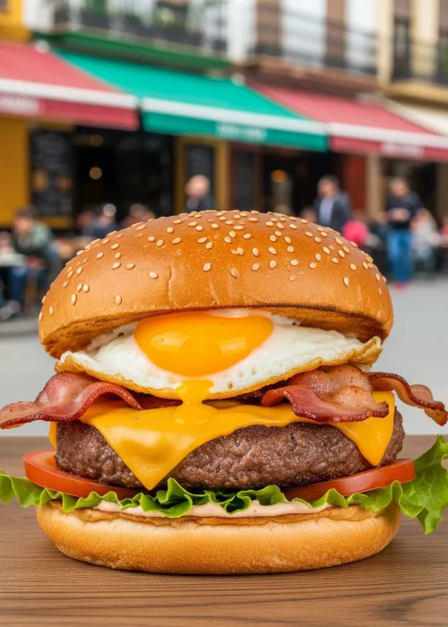 Hamburguesa Superburger con vacuno, queso, beicon y huevo frito en Bistro Los Tulipanes.
